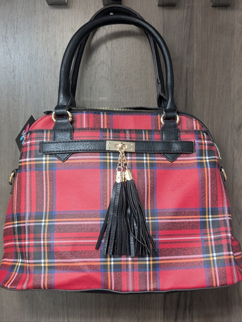 New Large Red Plaid Satchel Handbag with Black Trim Tassels Purse Shoulder Bag